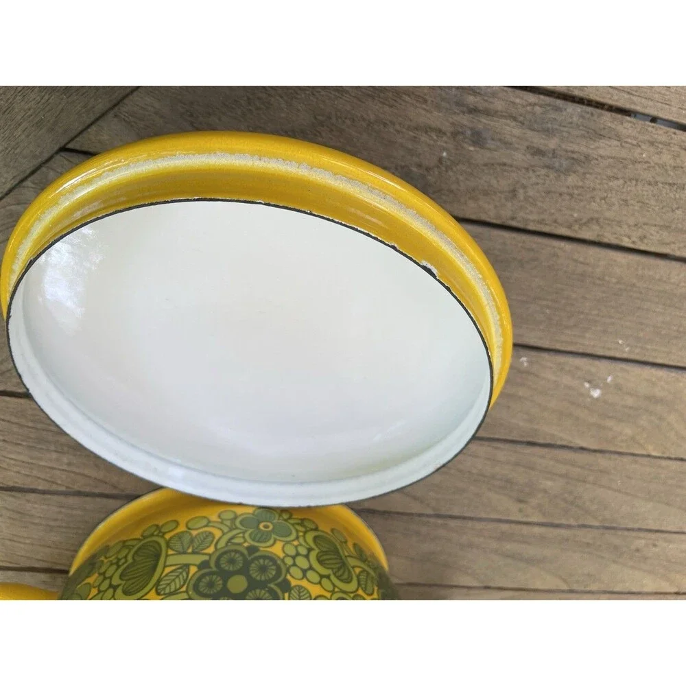 Vintage Arabia Finel Kalas Primavera Enamel Casserole Pot with Lid Yellow Green